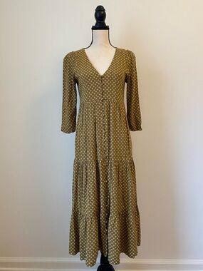 Madewell Olive Flower Print V-Neck Tiered Midi Dress